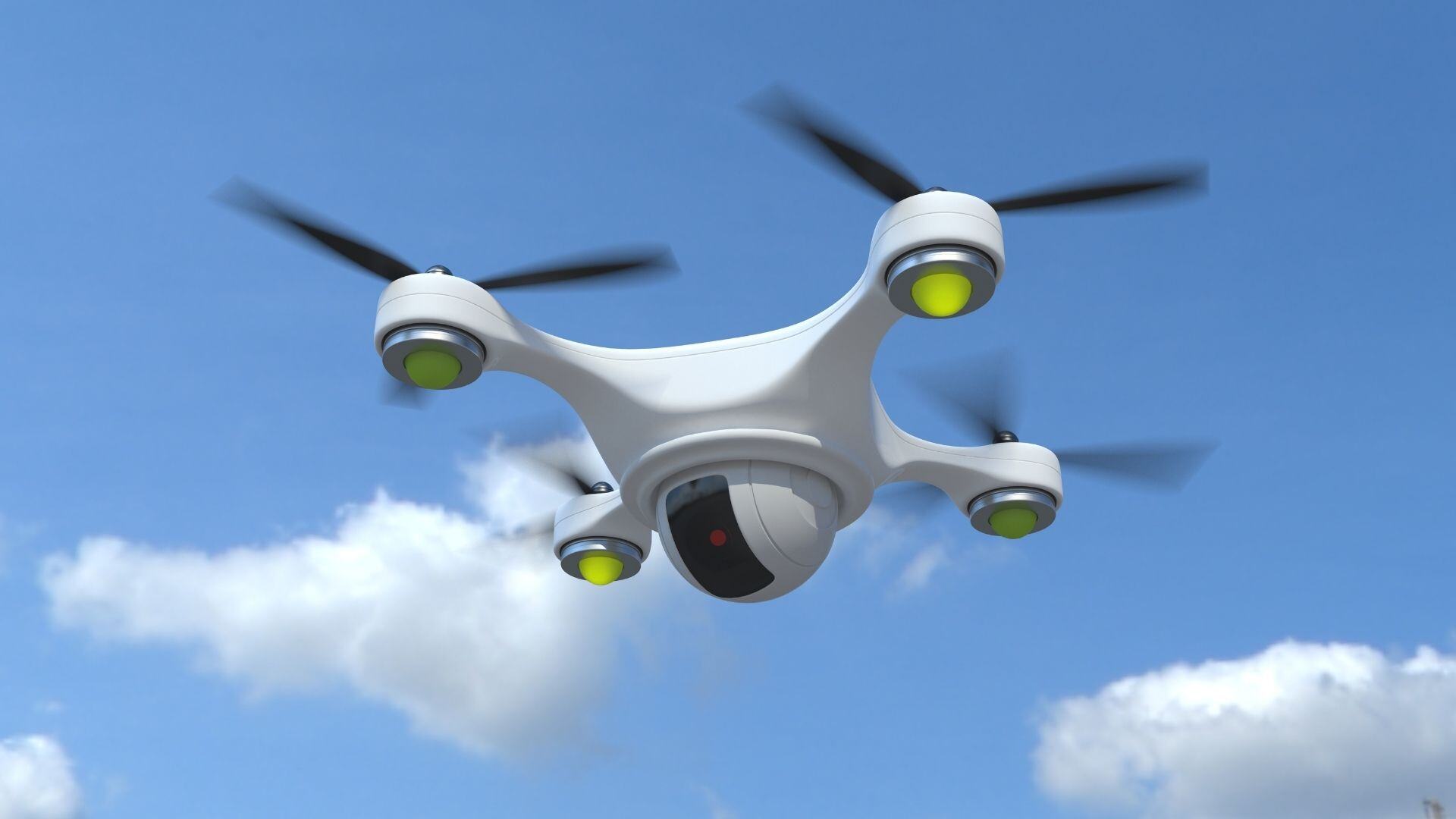 Drone with camera flying over neighborhood